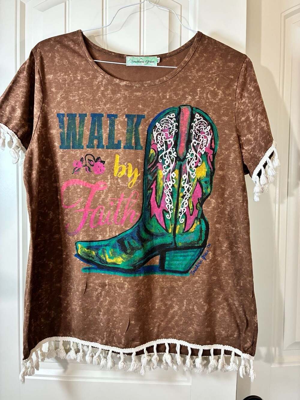 Southern Grace Walk By Faith Cowboy Boot Fringe Graphic Tee Size XL